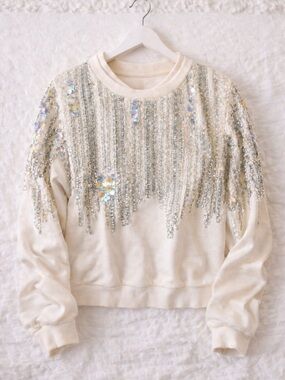 Anthropologie Glistening Cascade Sequin Sweatshirt Cream Beaded Top Glam